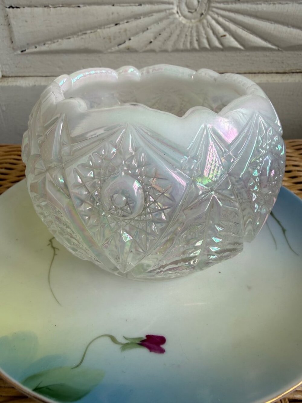 Vintage 70's Fenton Diamond Cut Rose Bowl White clear Opalescent Glass